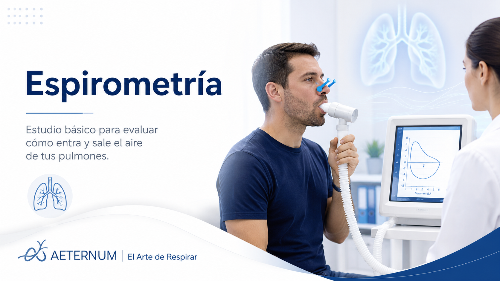 Hombre realizando un estudio de espirometría en un centro médico, con equipo especializado y un gráfico en la pantalla. Derecha, una especialista observa.