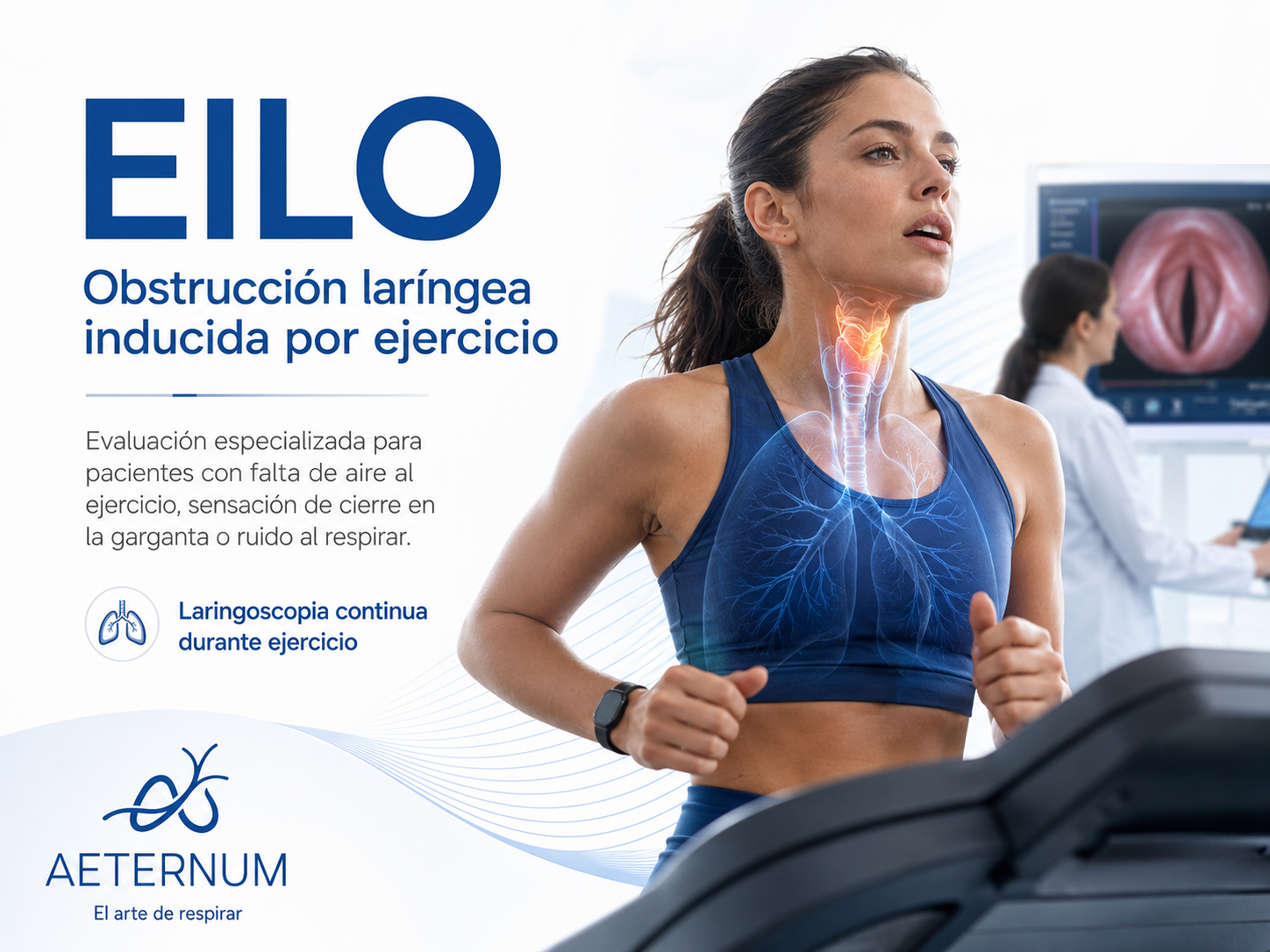 Mujer en una caminadora haciendo ejercicio, con una ilustración digital de la laringe y las vías respiratorias en su cuello, y una pantalla en el fondo que muestra una imagen de la garganta. Texto en español sobre evaluación de la obstrucción laríngea inducida por ejercicio, con logos y eslogan de un centro de salud.
