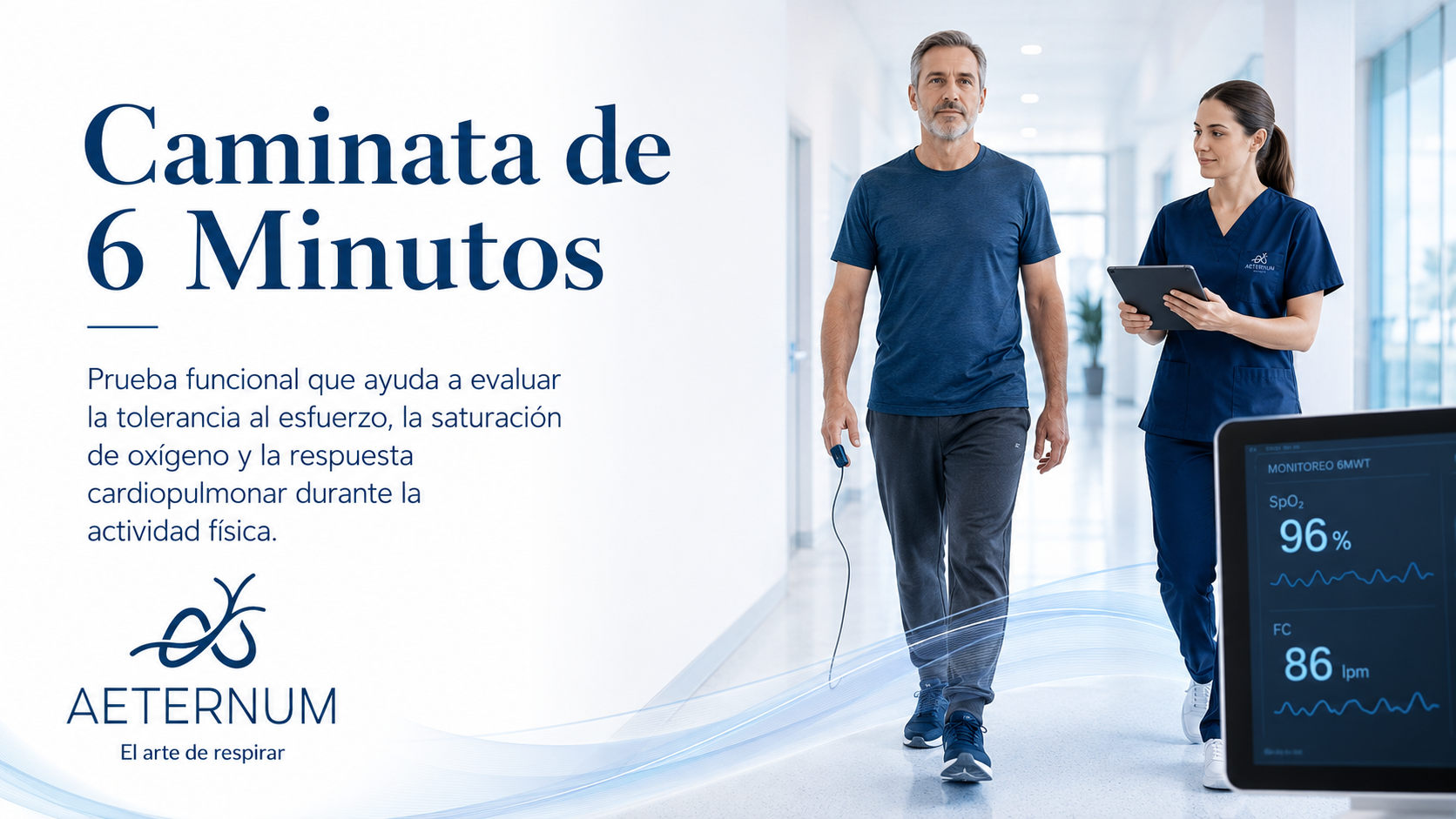 Paciente caminando con un monitor de signos vitales y una enfermera en un hospital moderno.
