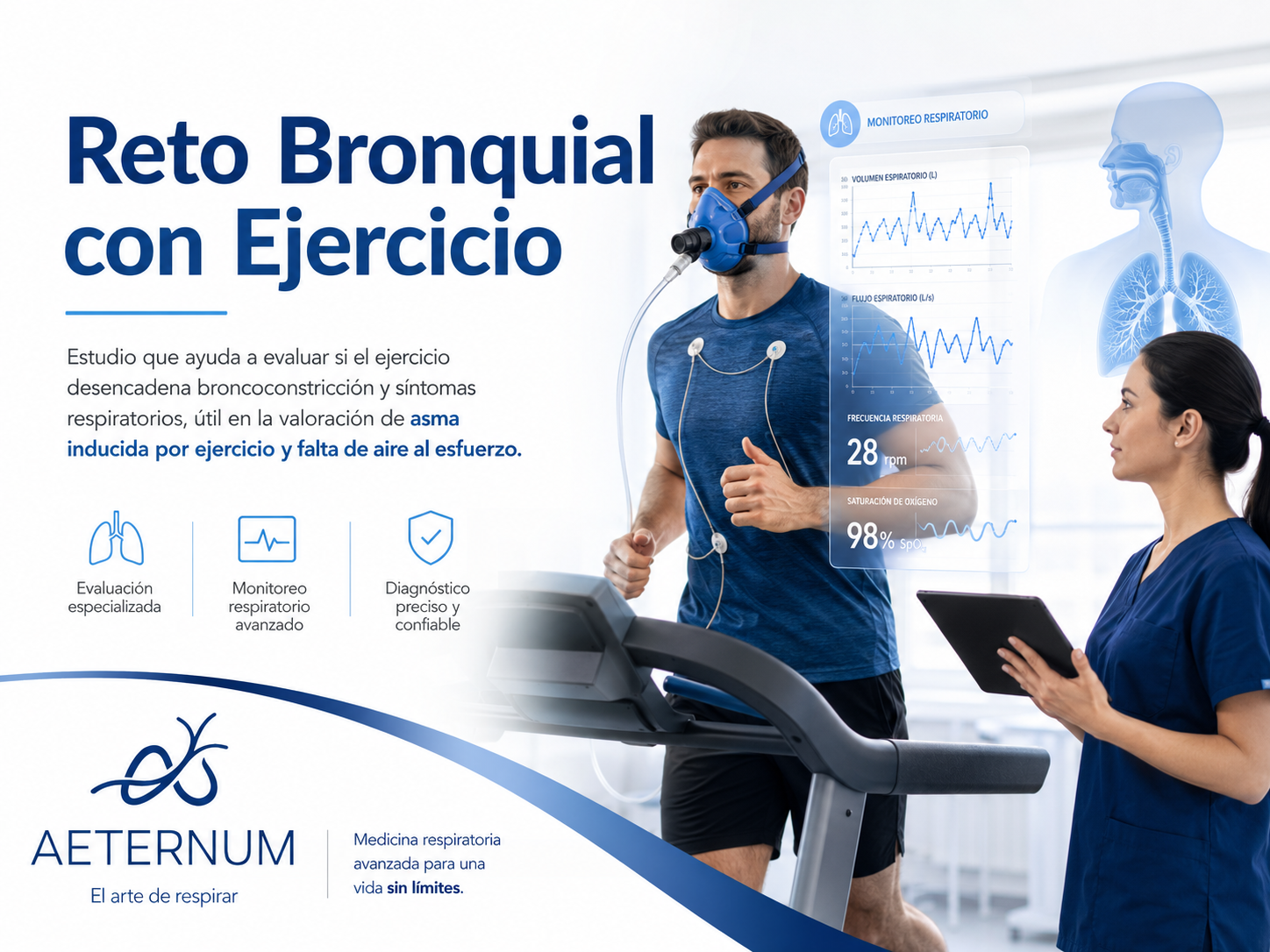 Un hombre en una caminadora usando una máscara de respiración con monitoreo avanzado de datos, acompañado de una profesional que revisa la tablet, con gráficos de respiración y pulmones en fondo digital.