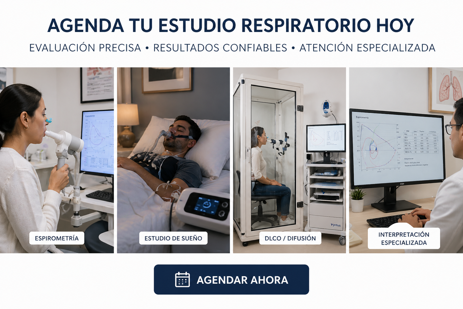 Imagen promocional de un centro de estudio respiratorio con cuatro secciones: una consulta de espirometría con una profesional haciendo la prueba, un paciente en estudio de sueño en una cama, un equipo de DLCO y difusión, y una interpretación especializada con un profesional analizando resultados en una computadora. Incluye un botón para agendar ahora.