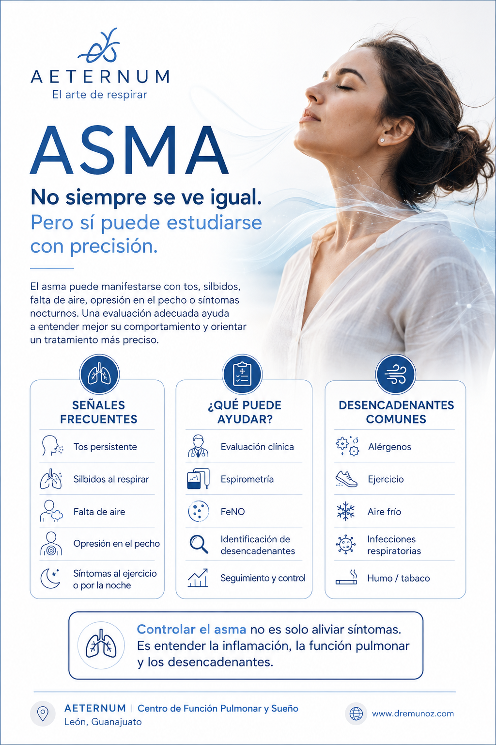 Infografía sobre el asma, que incluye información sobre síntomas frecuentes, causas comunes y ayuda para el control del asma, con una mujer respirando profundamente en un fondo azul y blanco.
