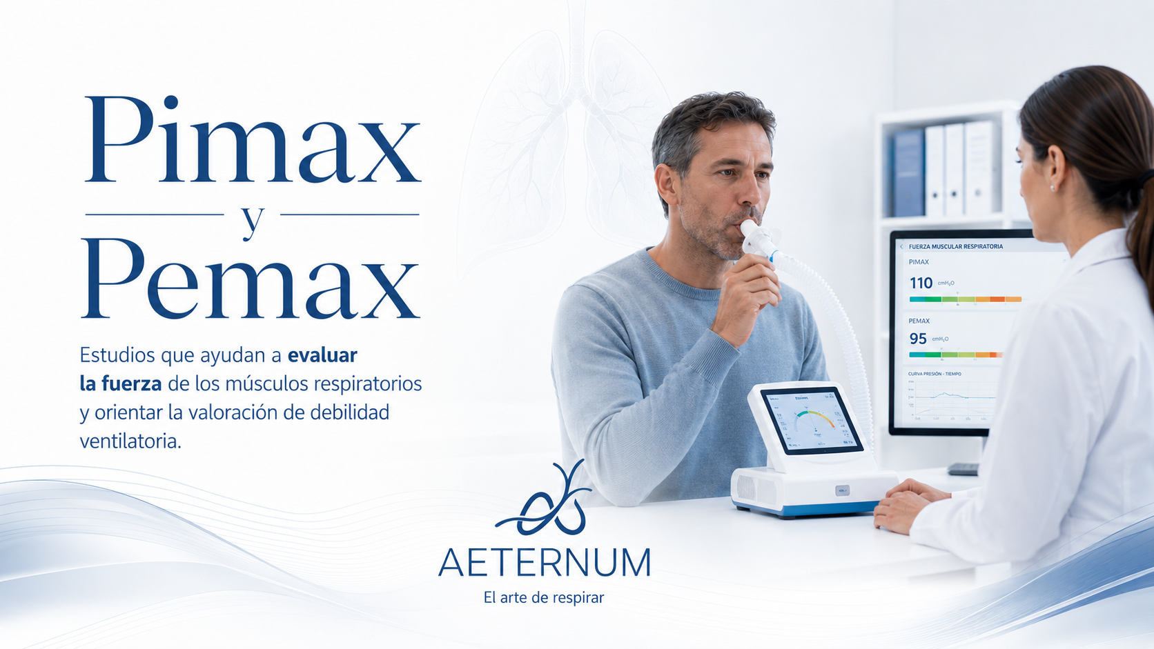 Un hombre usando un inhalador y una mujer en consulta médica, con pantallas de monitoreo de presión en un entorno clínico minimalista con fondo blanco y gráficos de datos en la pantalla.
