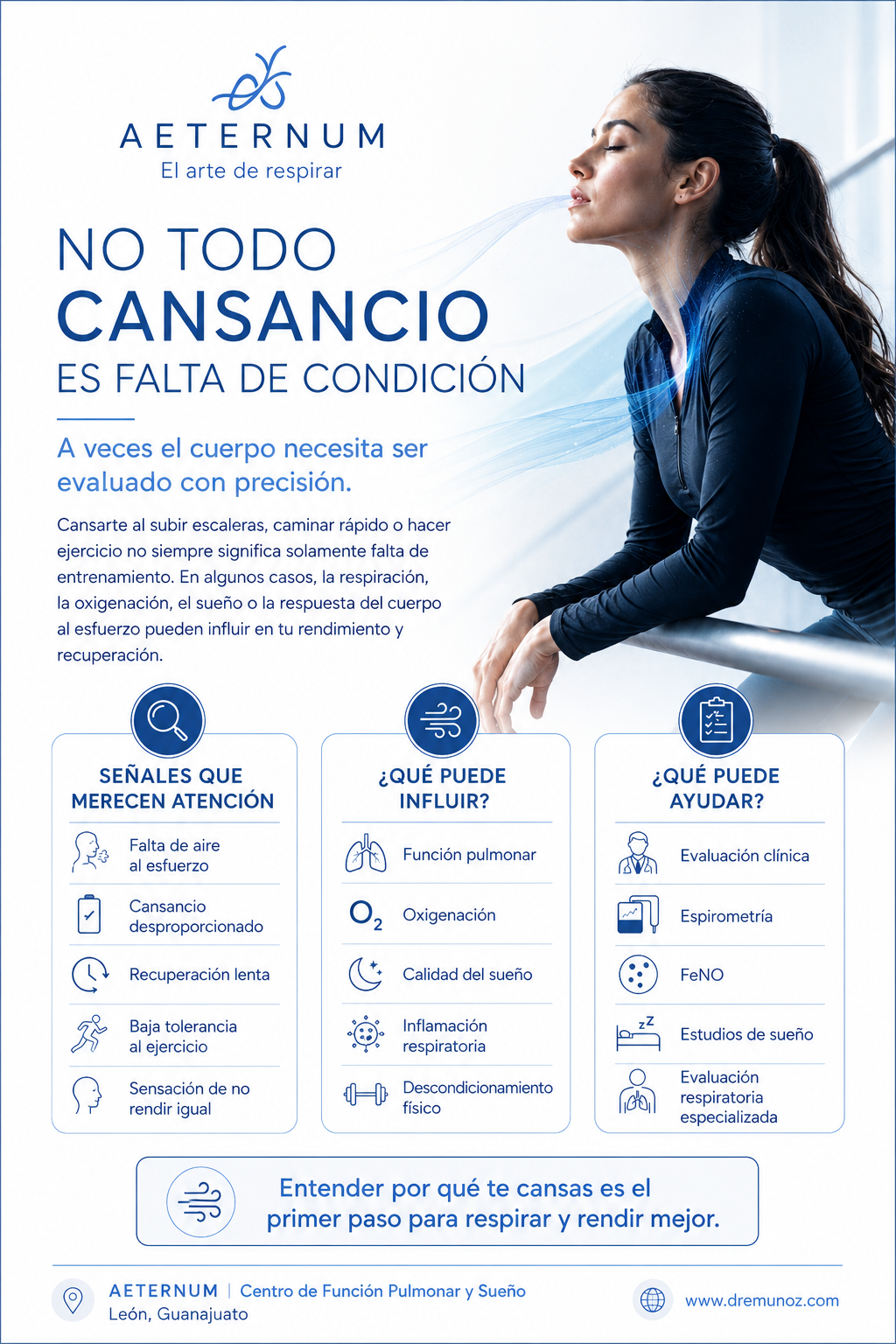 Cartel de promoción de AETERNUM sobre la importancia de evaluar la respiración, con una mujer inhalando y texto explicativo sobre signos de fatiga, causas y ayudas para mejorar la respiración.