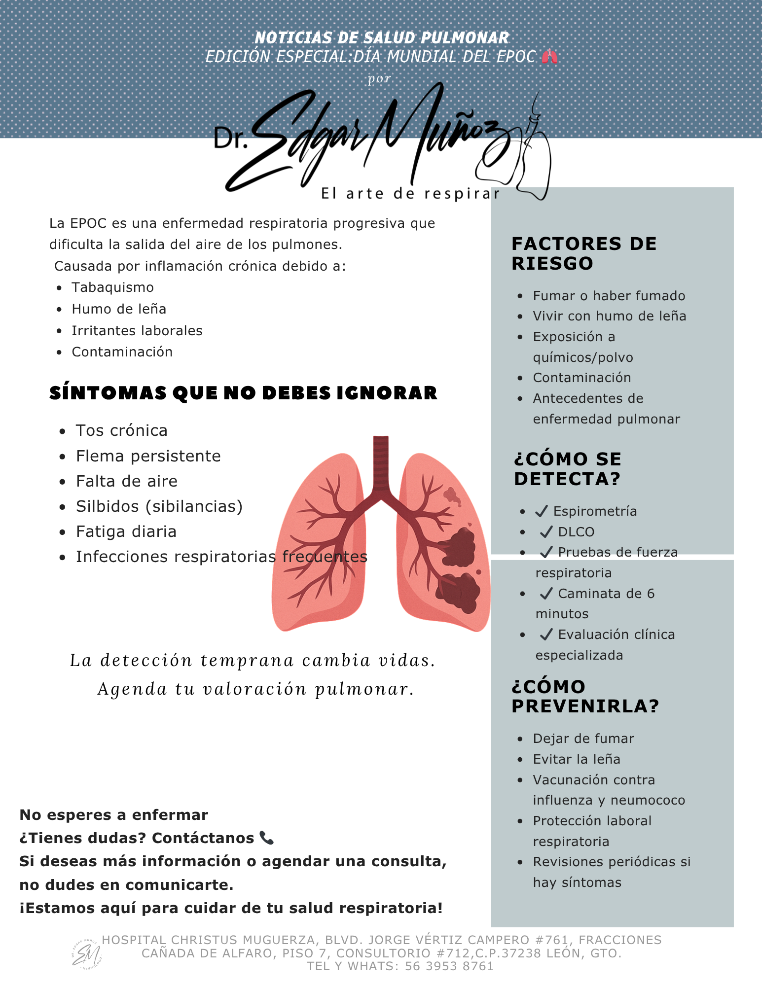 La EPOC es una de las enfermedades respiratorias más comunes y muchas veces pasa desapercibida. En este Día Mundial del EPOC te comparto una guía clara sobre sus síntomas, factores de riesgo, formas de prevención y cómo una espirometría puede ayudar 