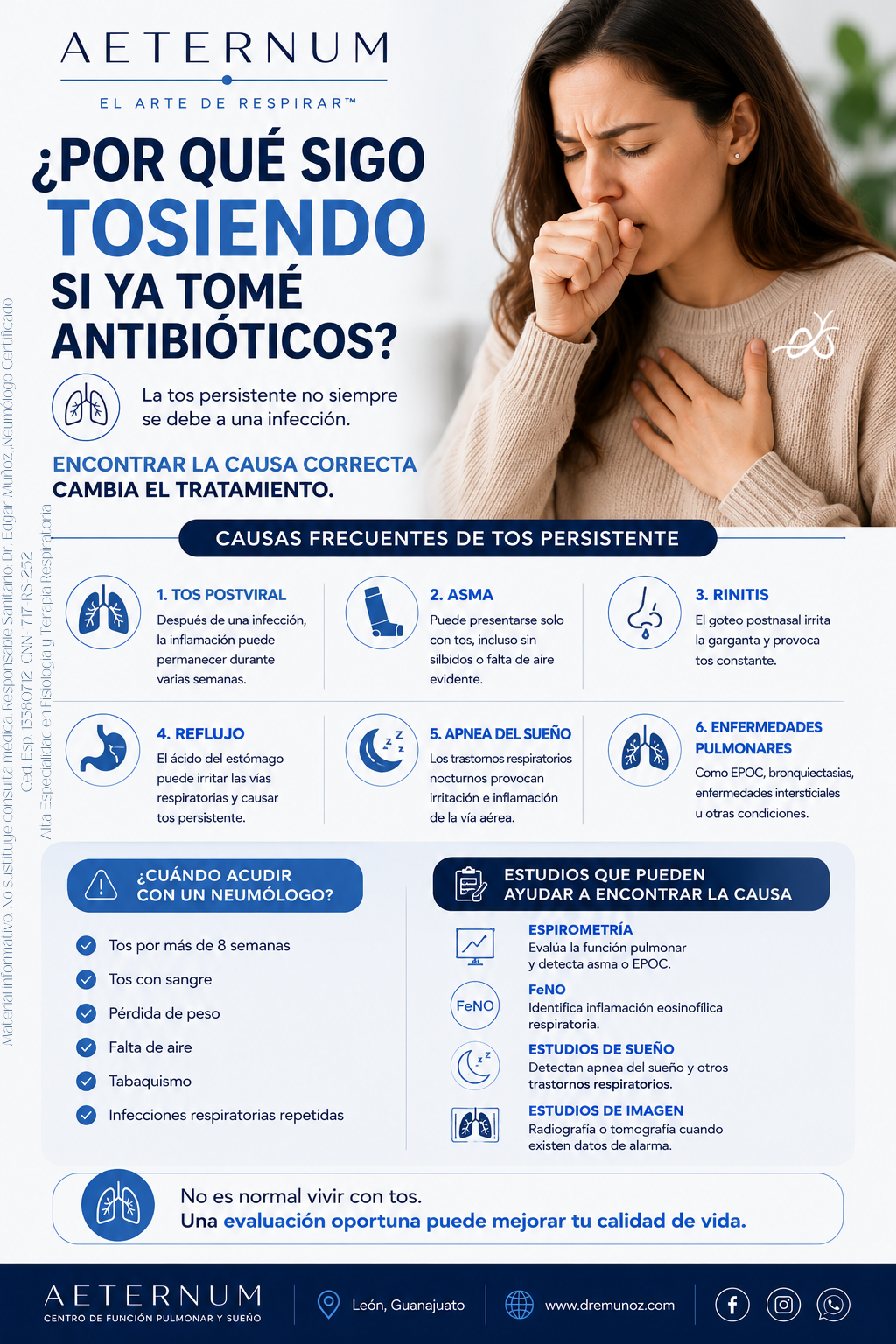 Infografía de AETERNUM sobre las causas frecuentes de tos persistente y cuándo acudir a un neumólogo, con una mujer tosiendo y síntomas de enfermedades respiratorias.