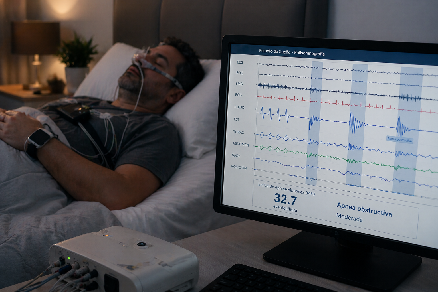 Paciente durmiendo en cama con monitoreo de signos vitales y pantalla que muestra datos de polisomnografía con índice de apnea-hipopnea de 32.7 y diagnóstico de apnea obstructiva del sueño.
