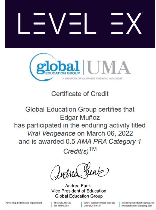 Certificado de crédito de Global Education Group para Edgar Muñoz por participar en la actividad Viral Vengeance el 6 de marzo de 2022, con puntuación 0.5 en la categoría 1 de PRA Credit