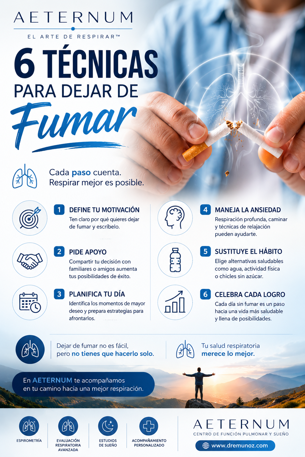 Cartel con información y consejos para dejar de fumar, con ilustraciones y un fondo de naturaleza y atardecer.