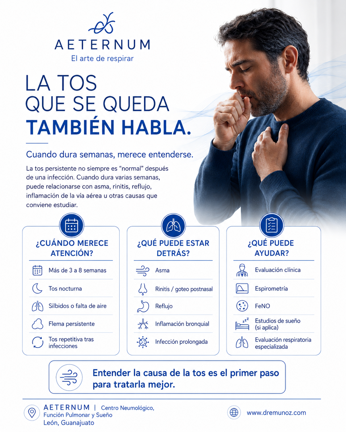 Información sobre la tos persistente, sus causas, cuándo necesita atención y cómo puede ayudar. Incluye un hombre tosiendo y los logotipos de AETERNUM y datos de contacto en León, Guanajuato.