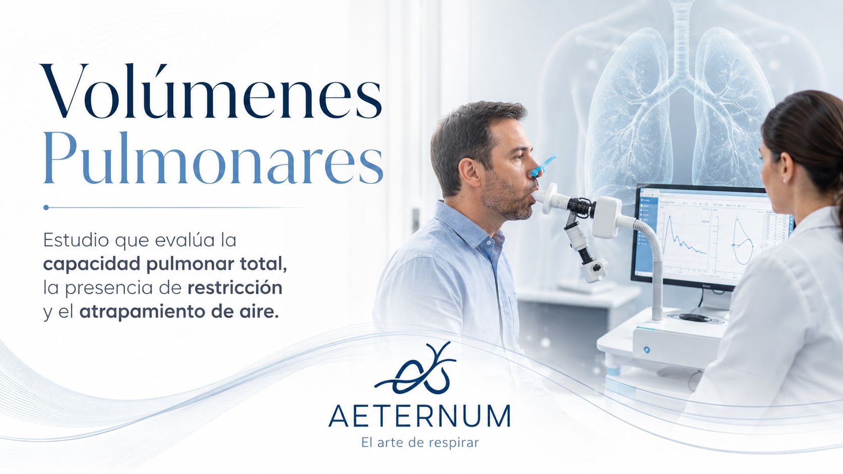 Hombre en una prueba de respiración con un tubo y un dispositivo médico, mientras una doctora observa una pantalla con datos, fondo de pulmones en una ilustración digital.