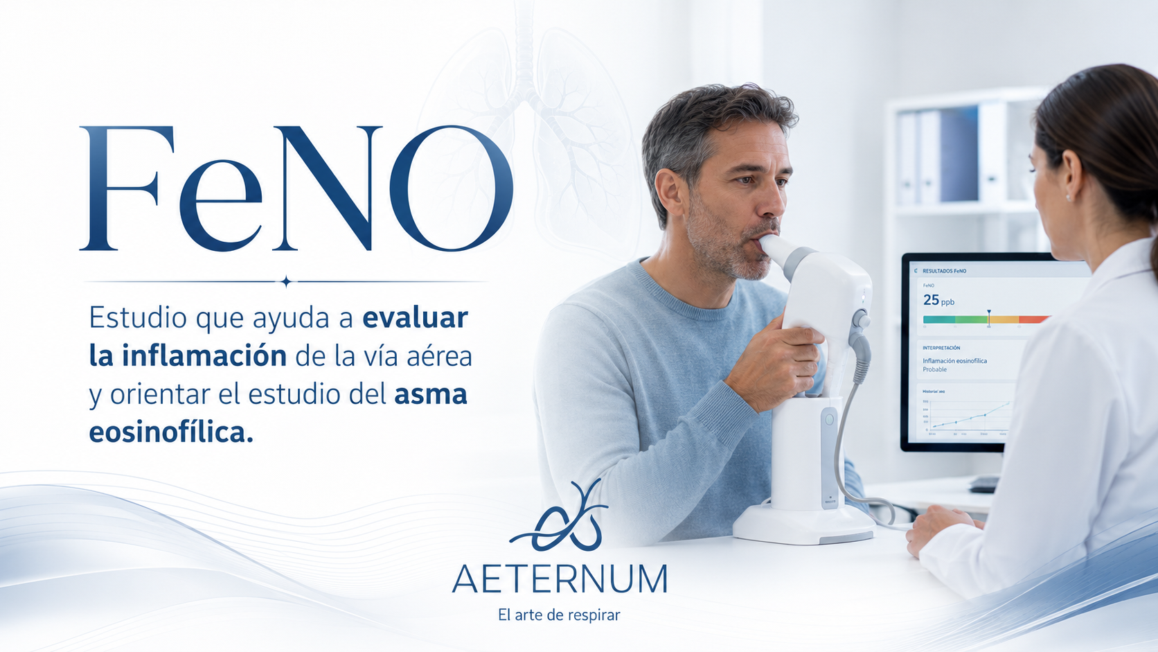 Hombre en consulta médica utilizando un dispositivo para evaluar la inflamación en vías respiratorias, con un médico observando resultados en una pantalla.