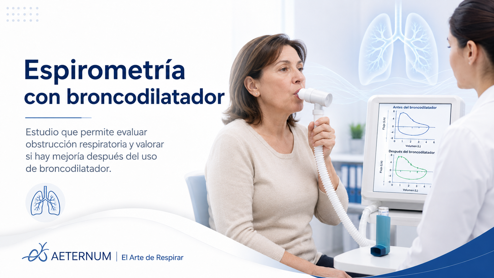 Mujer adult Haciendo prueba de espirometría con broncodilatador en clínica, médica monitorea resultados en computadora.