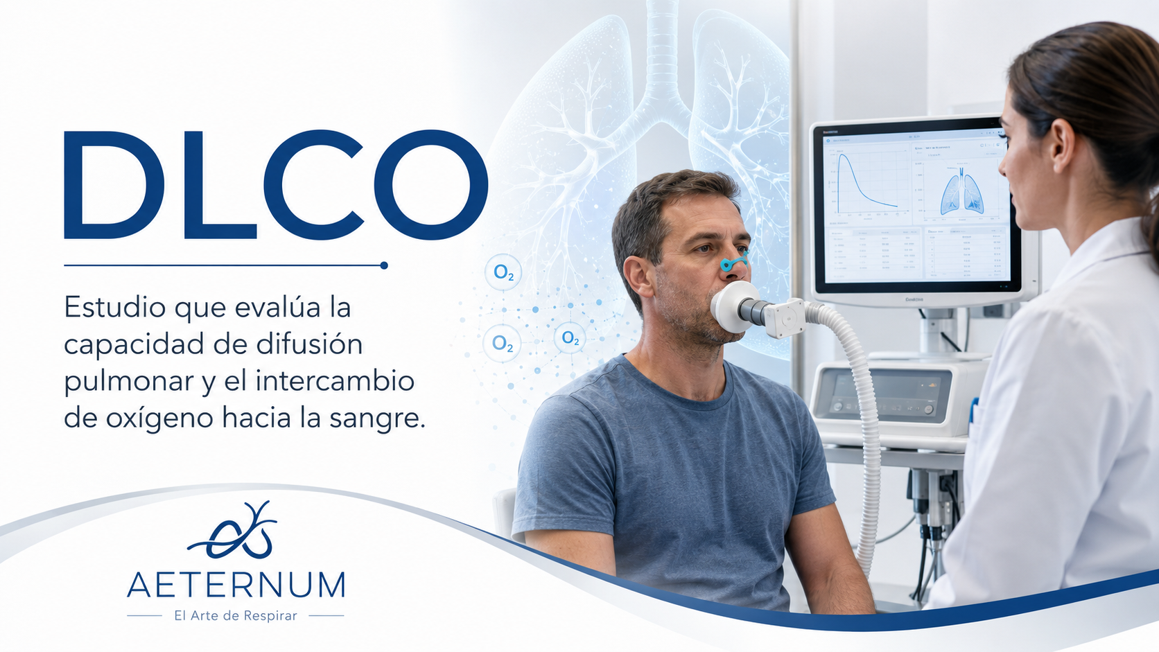 Hombre en consulta médica siendo sometido a estudio DLCO para evaluar la capacidad de difusión pulmonar, con un doctor mujer en un entorno clínico con monitoreo en una pantalla.