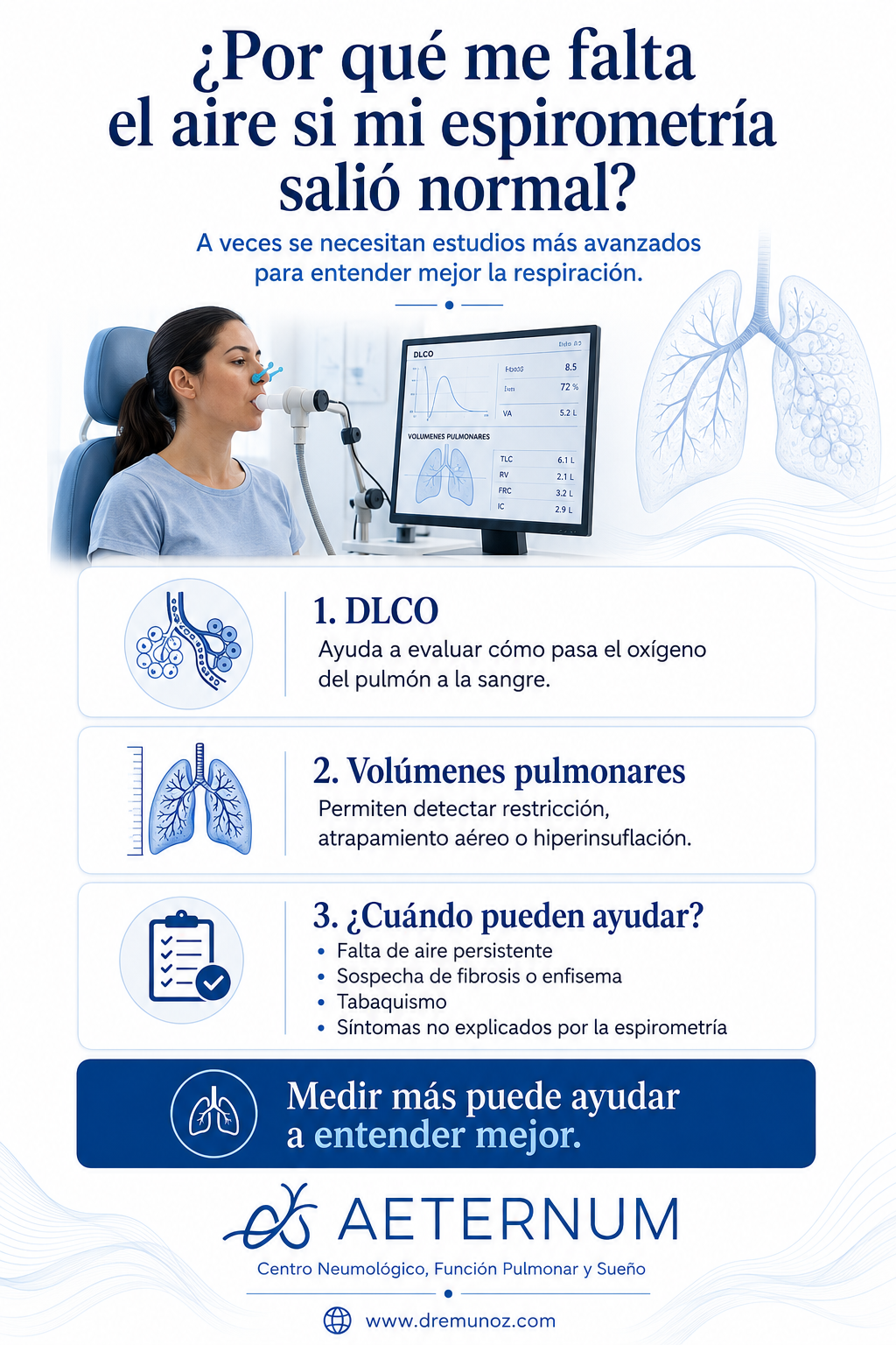 Infografía sobre la prueba de espirometría para evaluar la función pulmonar, explicando qué es el DLCO, los volúmenes pulmonares, cuándo ayuda esta prueba y cómo puede mejorar la comprensión de la salud pulmonar.