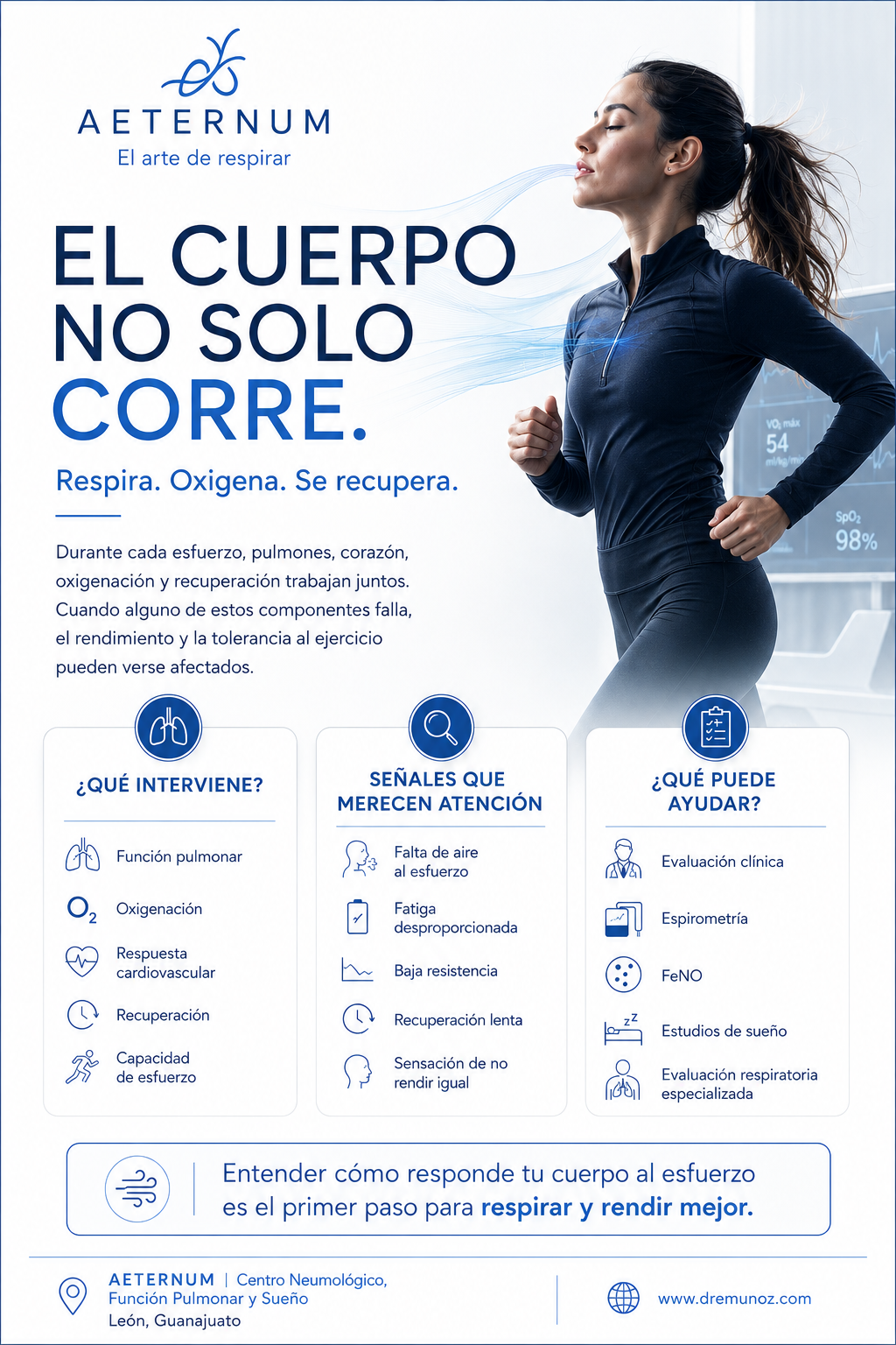 Publicidad informativa sobre respiración y ejercicio físico, con una mujer corriendo y gráficos y textos en español sobre la importancia de la respiración para la salud y el rendimiento físico.