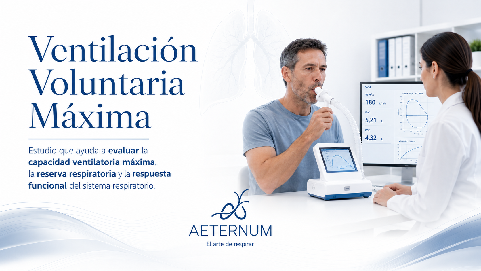Man con mascarilla usando un ventilador respiratorio en consulta médica, con pantalla de monitoreo y un médico observando.