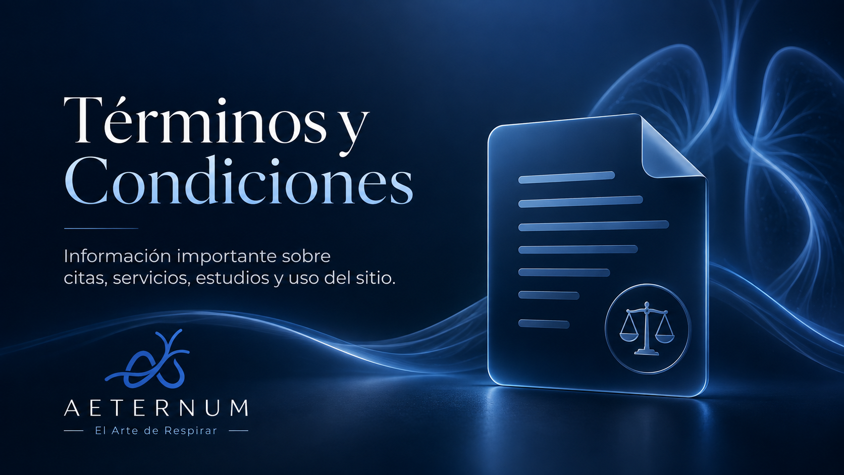 Documento digital titulado 'Términos y Condiciones' con texto explicativo y logotipo de AETERNUM, con un fondo oscuro y efectos de luz azul.
