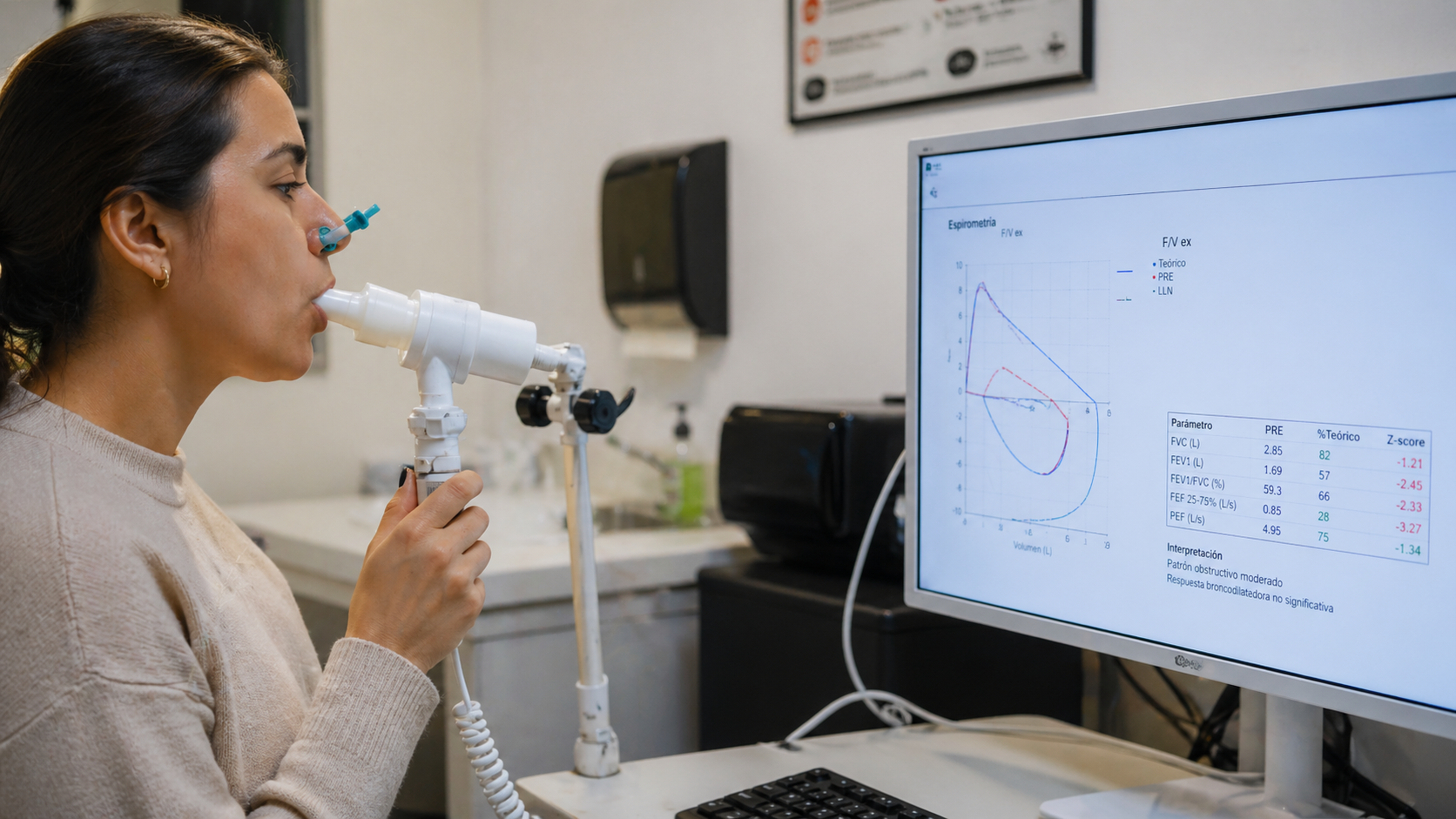 Mujer realizando una prueba pulmonar con un espirómetro en una clínica, mientras mira una pantalla con gráficos y datos médicos.
