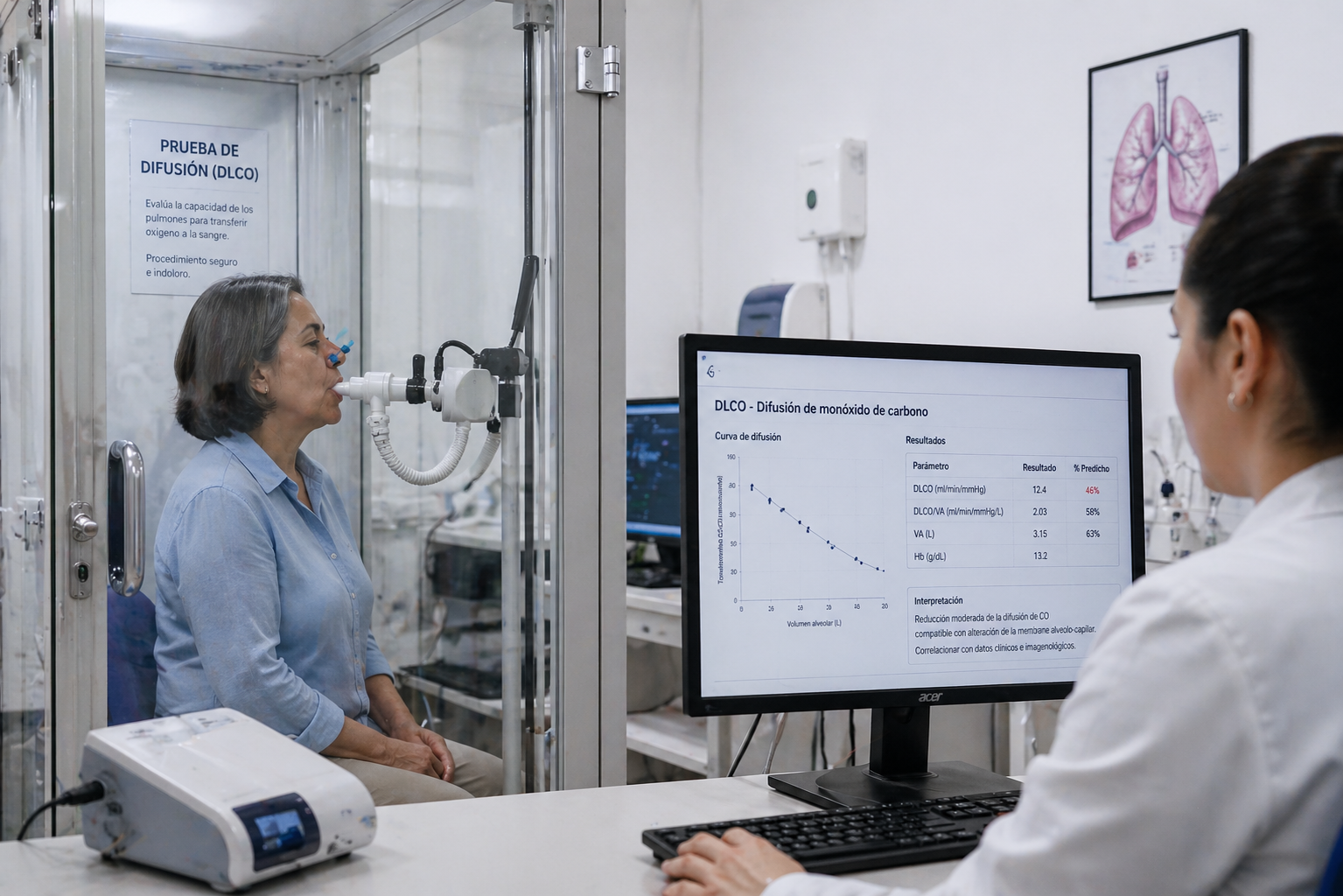 Mujer realizando una prueba de difusión en una sala de laboratorio con un dispositivo de difusión y monitoreo, mientras un médico analiza los resultados en una pantalla que muestra un gráfico y datos sobre la difusión de monóxido de carbono.