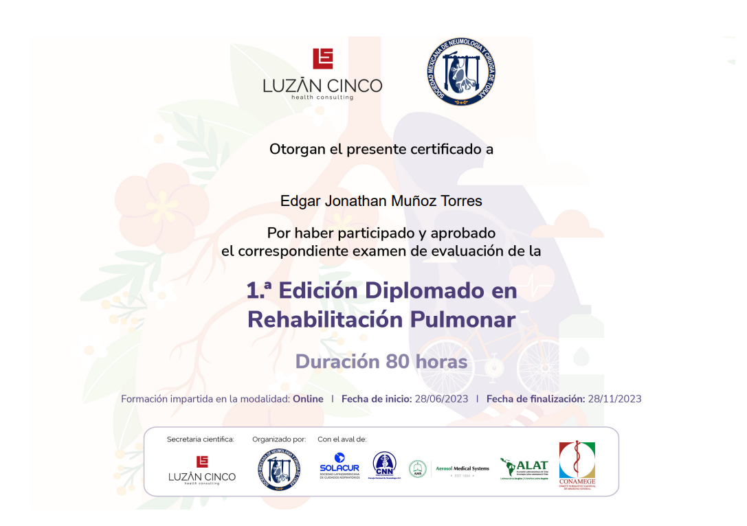 Certificado de participación en la 1ra edición del Diplomado en Rehabilitación Pulmonar, otorgado a Edgar Jonathan Muñoz Torres, con duración de 80 horas, impartido en línea, iniciado el 28/06/2023 y finalizado el 28/11/2023. Logos de instituciones p