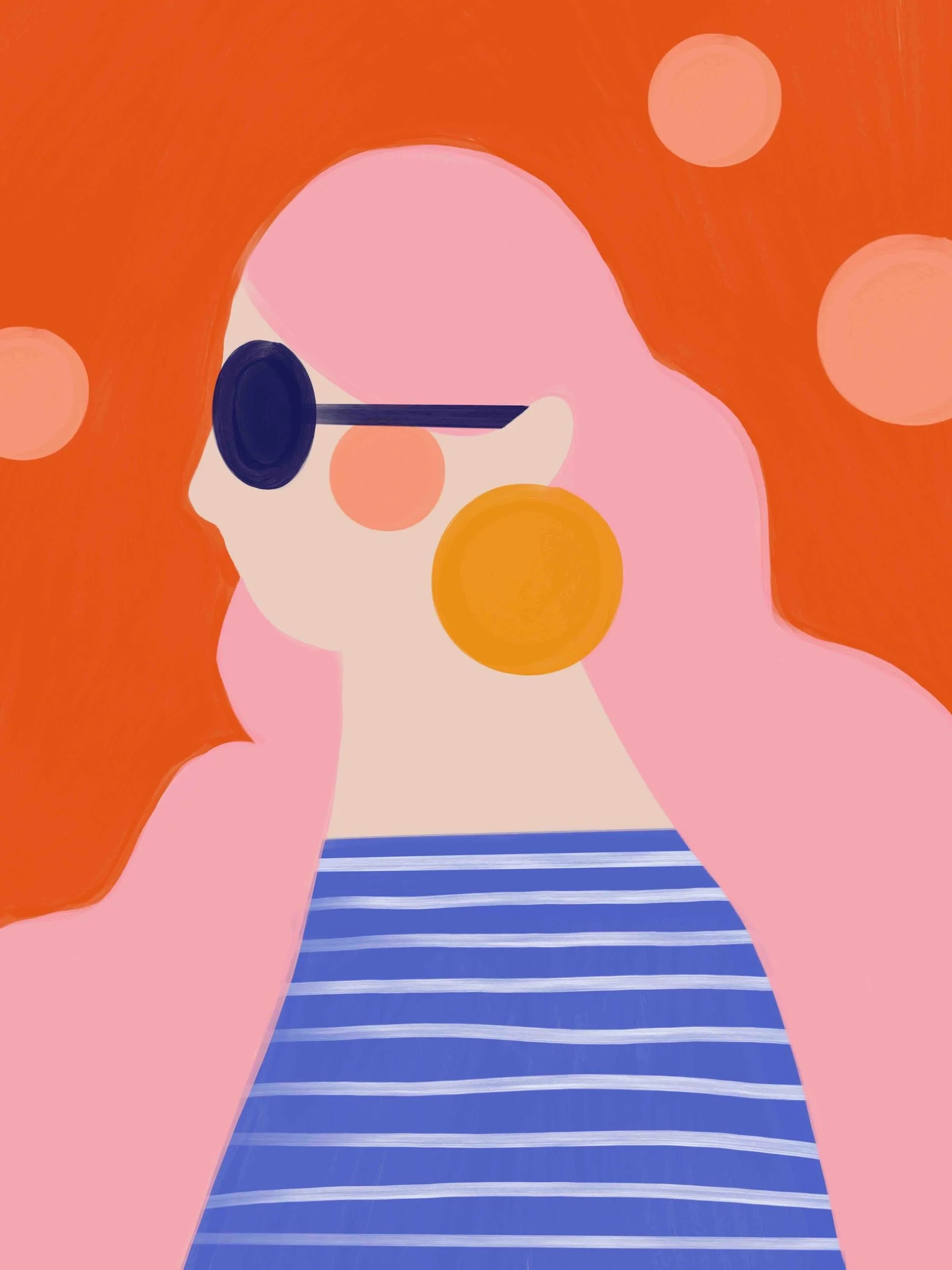 Frau mit pinken Haaren, Brillen und blau-weiß gestreiftem Tshirt, handgemalt mit Acryl