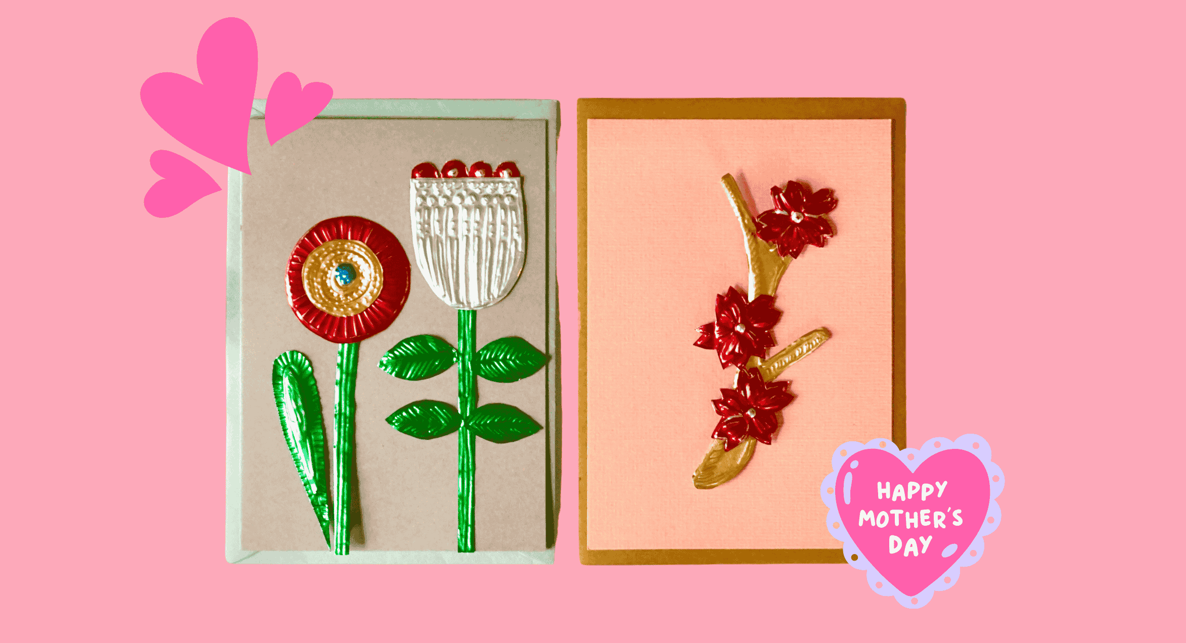 Zwei Karten mit verschiedenen Verzierungen aus Prägefolie in gold, silber, rot und grün