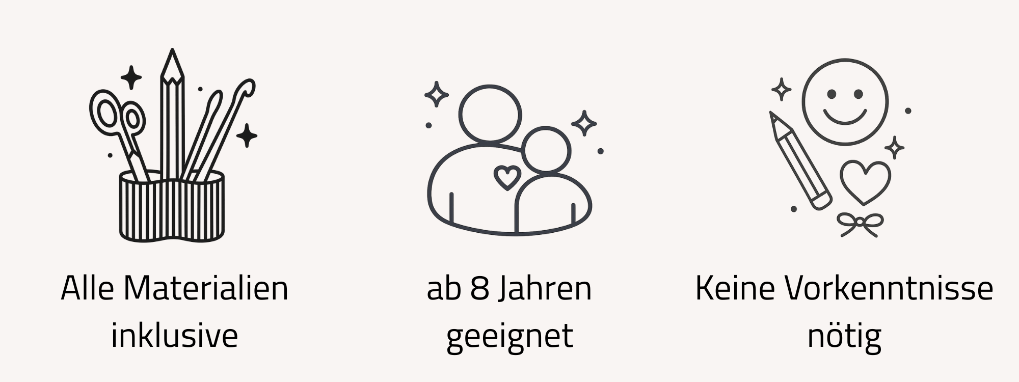 Grafik mit drei Abschnitten: links ein Köcher mit Malutensilien, in der Mitte eine Illustration von zwei Personen, rechts ein Smiley mit Bleistift und Herz. Text: 'Alle Materialien inklusive', 'ab 8 Jahren geeignet', 'Keine Vorkenntnisse nötig'.