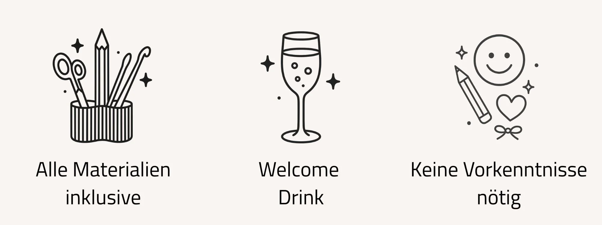 Drei Symbole von einem Stifteköcher, mit Schrift drunter "Alle Materialien inklusive", einem Glas Sekt mit Schrift "Welcome Drink" und einer Grafik mit einem Stift, Smiley, Herzen und Schleife mit der Schrift darunter "Keine Vorkenntnisse nötig"
