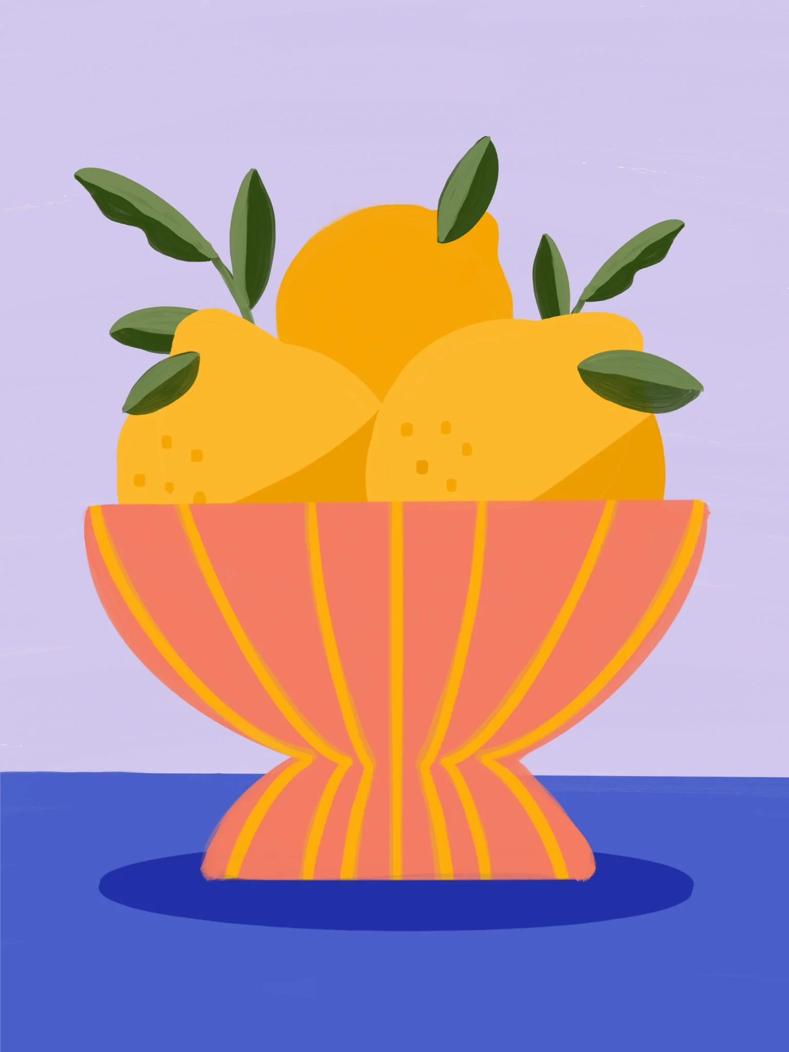 Illustration einer Schale mit Zitronen und Zitronenblättern gegen lila Hintergrund.