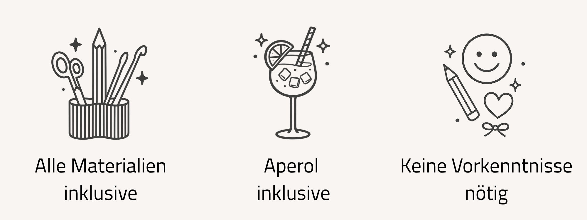 Ein Köcher mit Malutensilien, eine Aperol-Glas mit Orangenscheibe und Strohhalm, ein lachendes Gesicht mit einem Pinsel, einem Herz und Sternen. Text darunter: 'Alle Materialien inklusive', 'Aperol inklusive', 'Keine Vorkenntnisse nötig'.