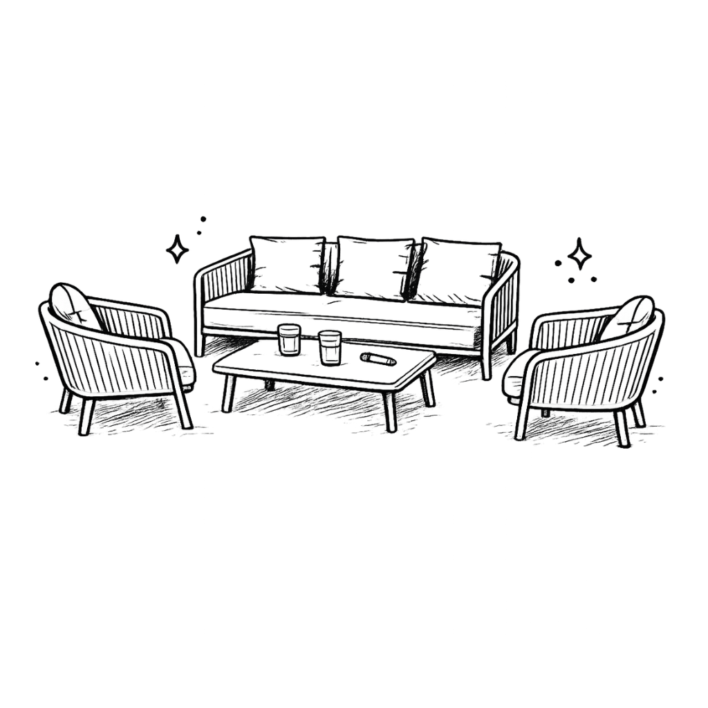 Icon einer Loungeecke mit einem Sofa, Tisch und zwei Sesseln und transparentem Hintergrund