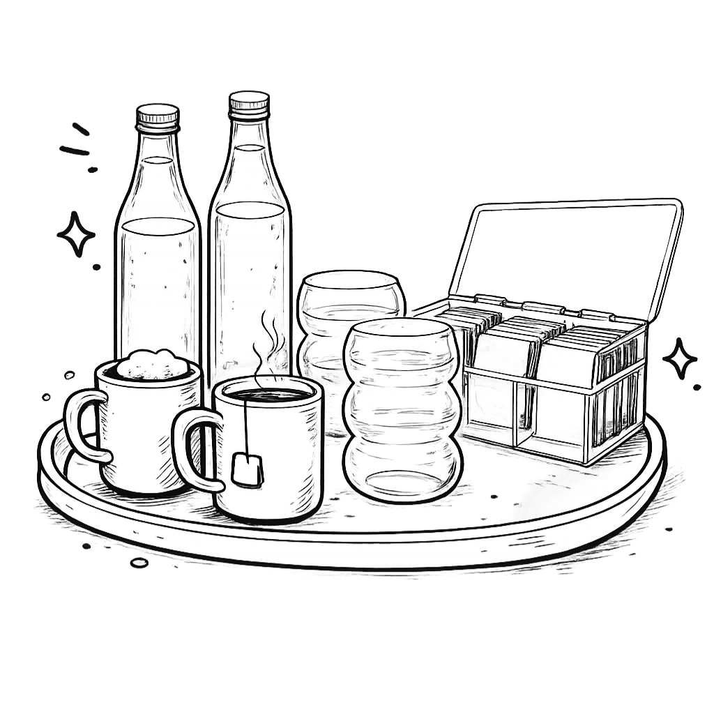 Schwarz weiß Skizze eines Tabletts mit Kaffee, Tee, Wasserflaschen, Gläsern und einer Teedose