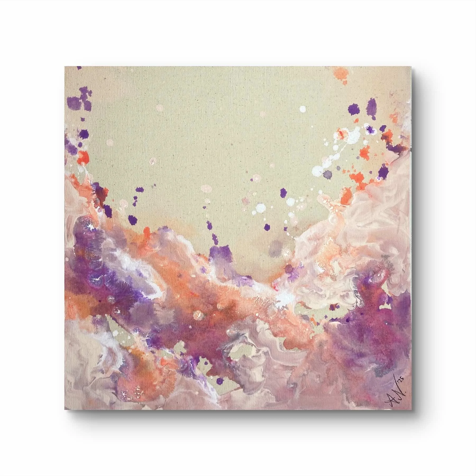 Abstraktes Wasserfarbenbild in Lila-, Pink- und Weißtönen auf Leinwand