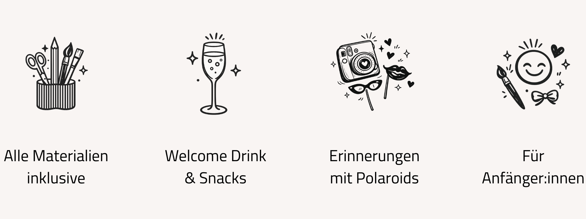 Schwarz-weiße Illustrationen von Bastelmaterialien, einem Begrüßungsgetränk, einer Kamera, einem Pinsel und einem Lächeln, begleitet von Texten: 'Alle Materialien inklusive', 'Welcome Drink & Snacks', 'Erinnerungen mit Polaroids', 'Für Anfänger:innen'.