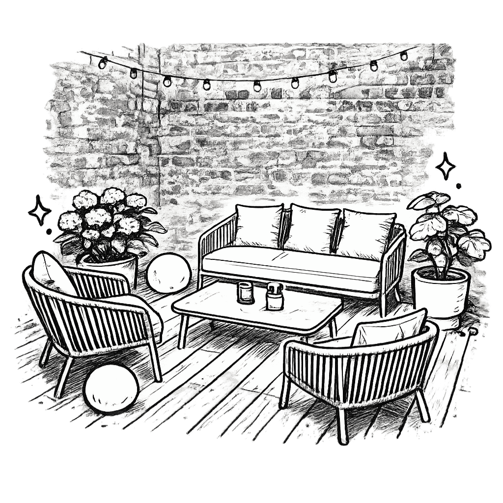 Schwarz weiß Skizze einer Terasse mit Pflanzen, Sesseln, einem Sofa und einem Tisch vor einer Steinwand
