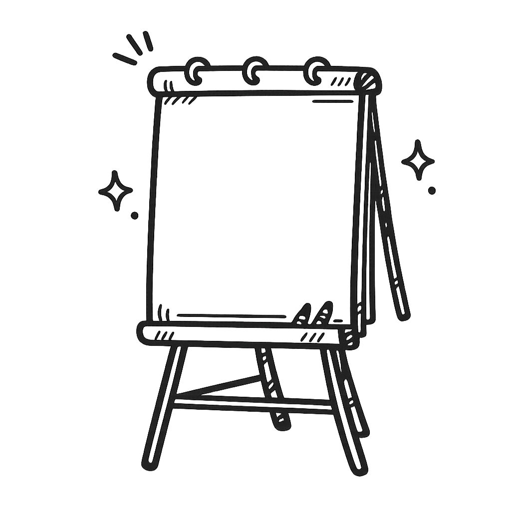 Schwarz weiß Illustration einer Whiteboardtafel mit Stiften