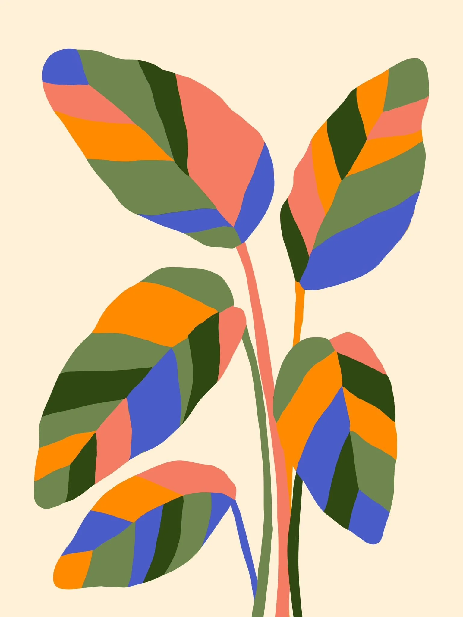 Illustration einer Pflanze in grün, blau, gelb und korall vor gelbem HIntergrund