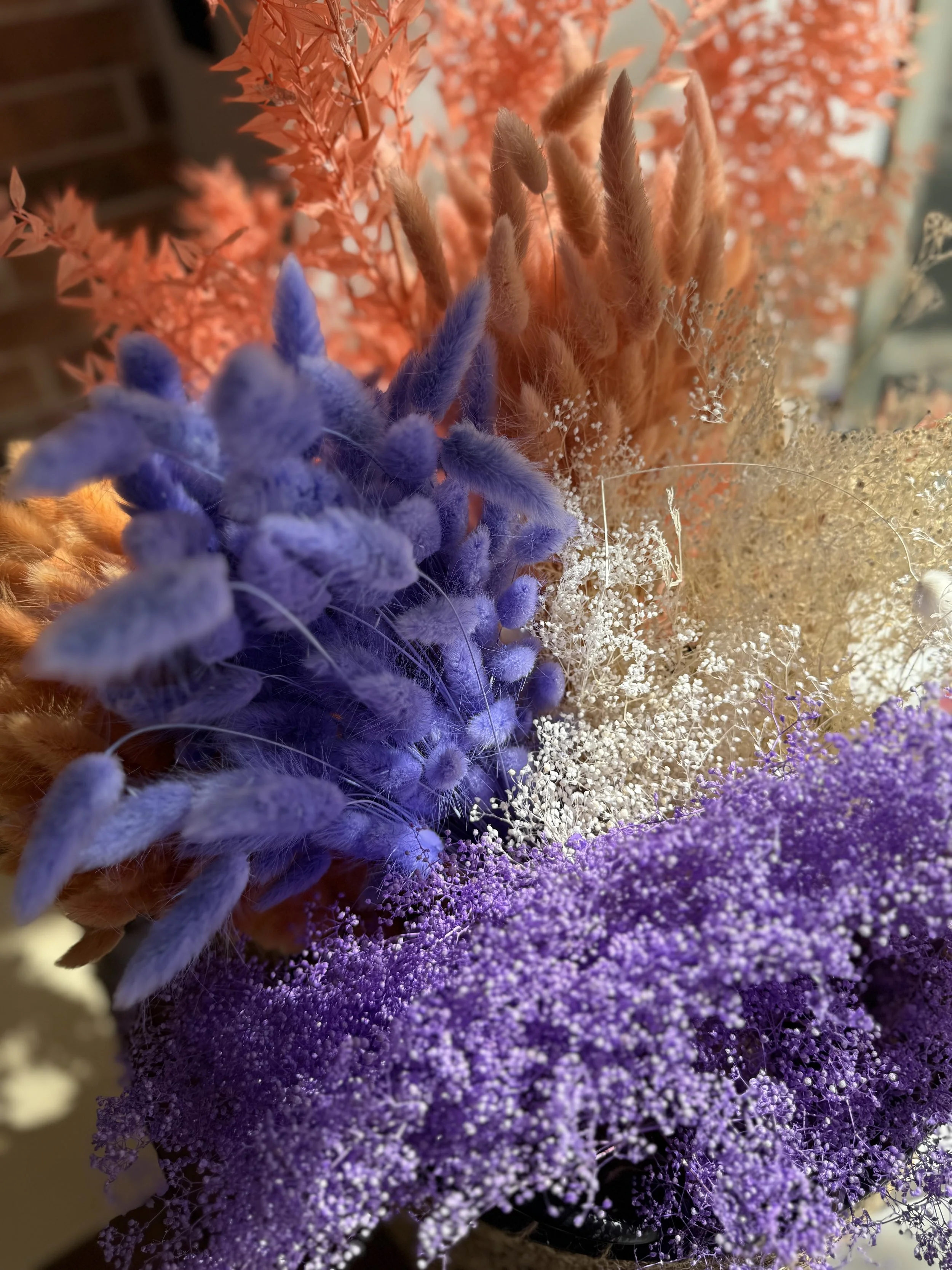 Bunte Blumenkomposition mit lila, orange und weißer Blume und kleinen weißen und lila Blüten