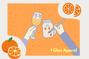 Zwei Hände, die ein Glas Aperol-Glas und ein Einmachglas bemalt mit Früchten halten, mit Orangenstücken auf orangefarbenem Hintergrund, Text: '1 Glas Aperol'.