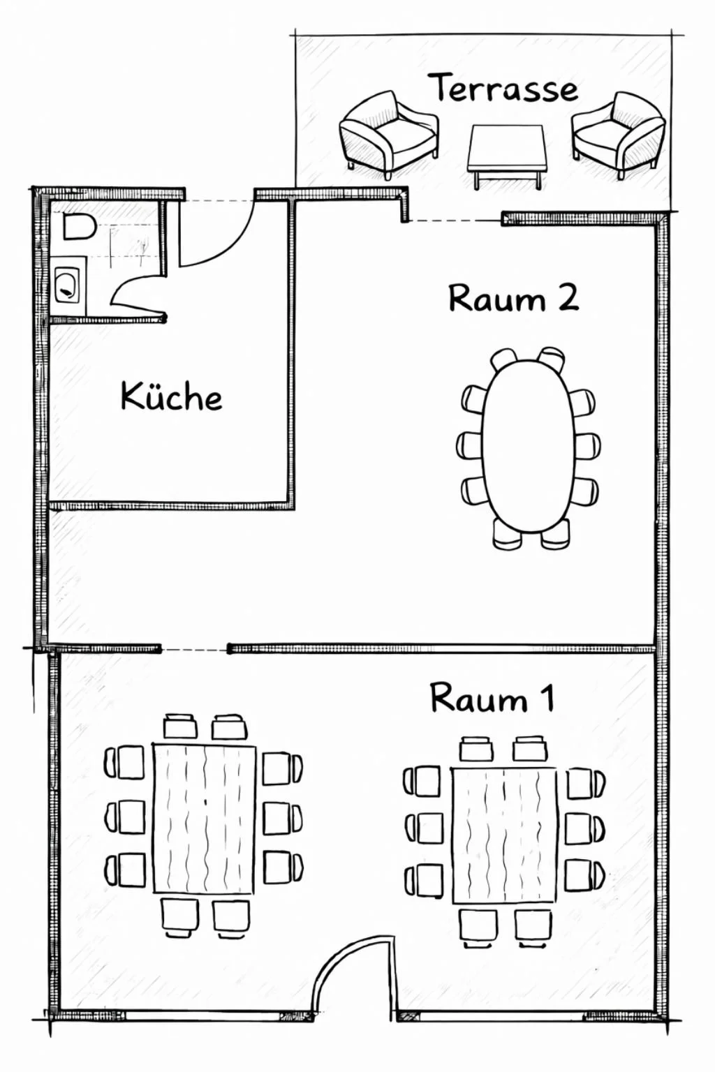 Grundriss unseres Kreativstudios mit zwei Räumen und Tischen mit Stühlen