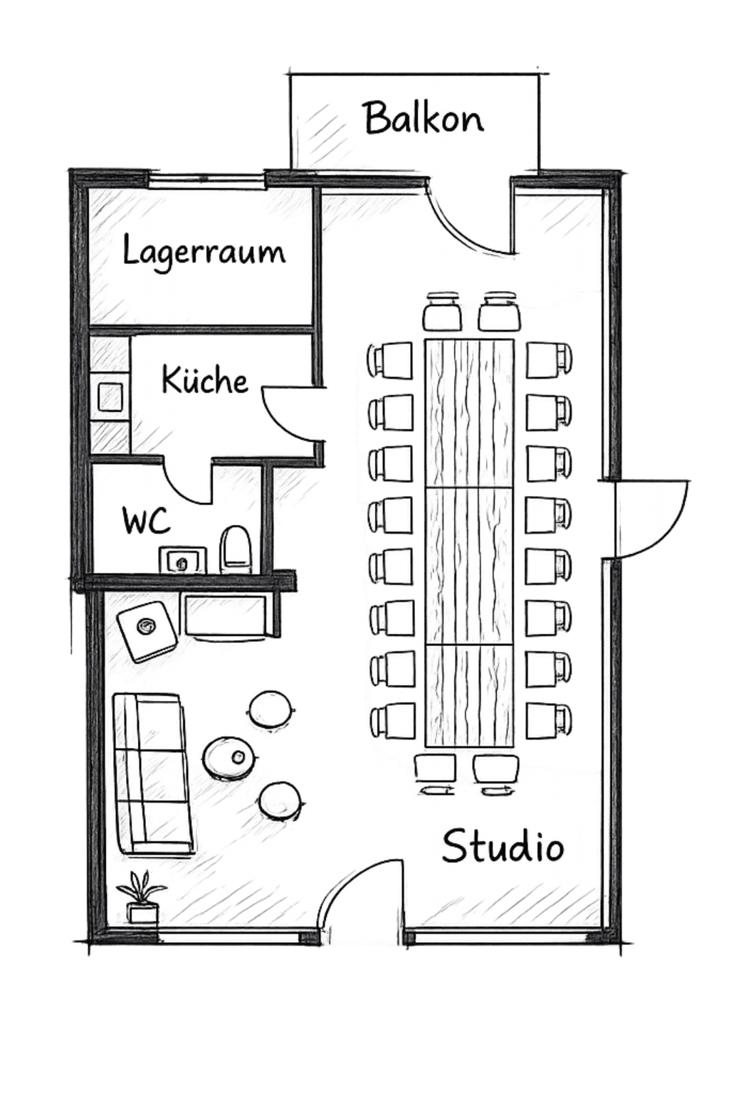 Grundriss eines Workshopraums mit Loungeecke, großer Sitztafel mit Stühlen, einen WC, einer Küche und einem Lagerraum
