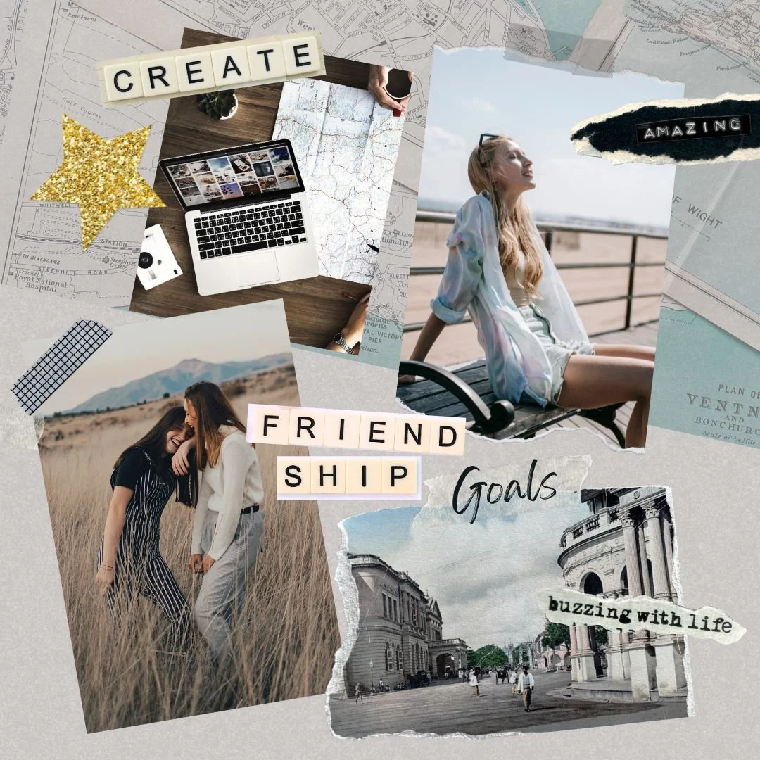 Vision Board Collage mit Fotos, Texten und Karten, zeigt Freundschaft, Reisen, Ziele und Kreativität