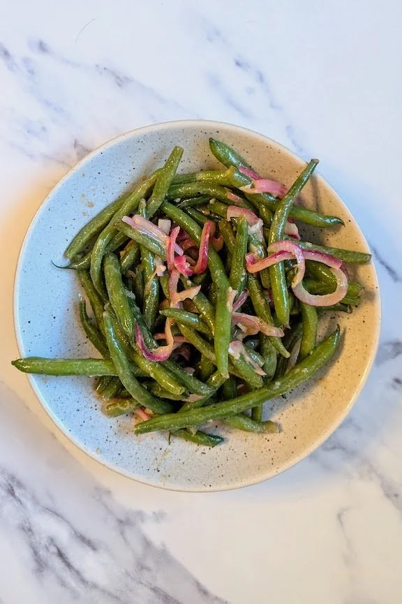 string beans in honey-lemon-mustard vinaigrette  Chez Mary B.