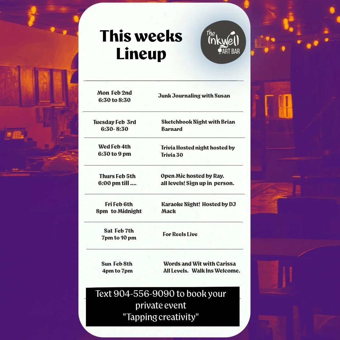 This week at The Inkwell #TheInkwellAmelia #AmeliaIslandEvents #LiveMusicAmelia #ArtBarVibes #ThisWeekAtTheWell