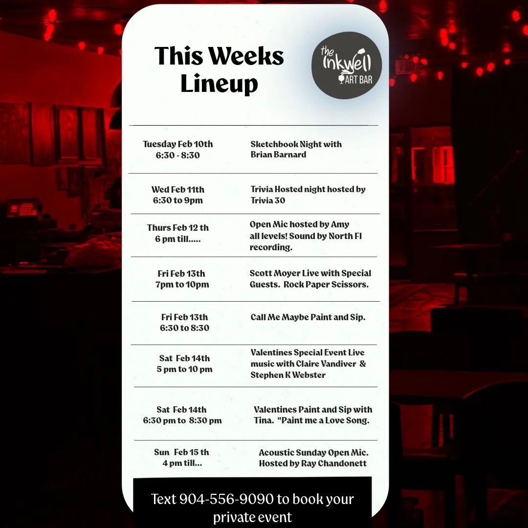 this weeks schedule is here.  stop by and see us!
#ThisWeekAtTheInkwell
#AmeliaIslandEvents
#FernandinaBeachNights
#LiveLocalMusic
#ThingsToDoNassauCounty