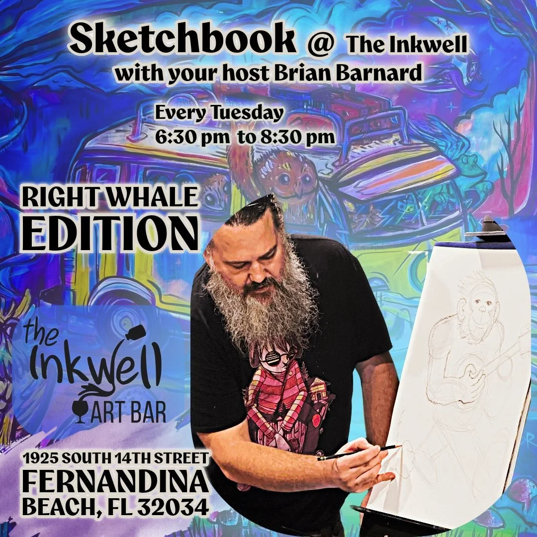 Join us tonight from 6:30-8:30 for Brian Barnard RIGHT WHALE sketchbook night drawing class! 

#rightwhales #theinkwellamelia #fernandinabeachevents #theinkwellartbar #fernandinaart