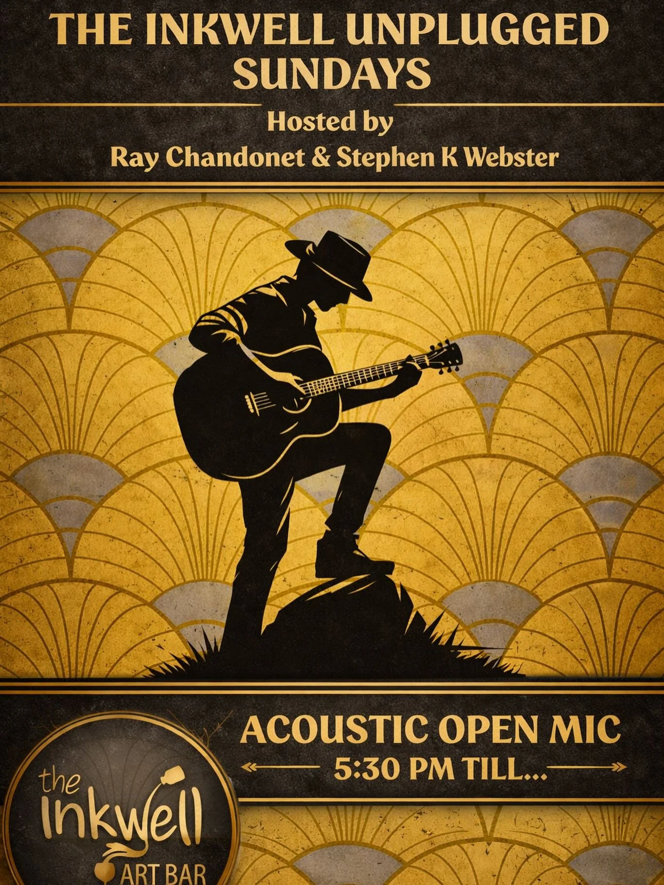 Good songs, real voices. Covers are welcome. This is a regular acoustic open mic not our song craft listening room.  Polite conversation is welcome.  Play a few or grab a drink and hang out!  It&rsquo;s a good night at The Inkwell Art Bar.

#inkwella