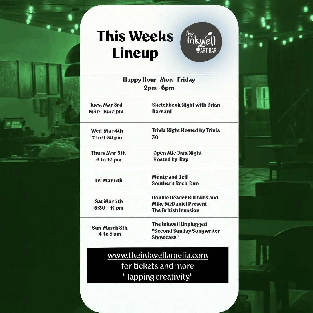Weekly Schedule Drop &mdash;&mdash;&mdash; HAPPY HOUR M-F 2-6, #letsgo 

From art classes and to open mics this is the venue for self expression. Live music all weekend!

We&rsquo;ve got an excellent week ahead with @brianbarnardart , @trivia.30 , @m