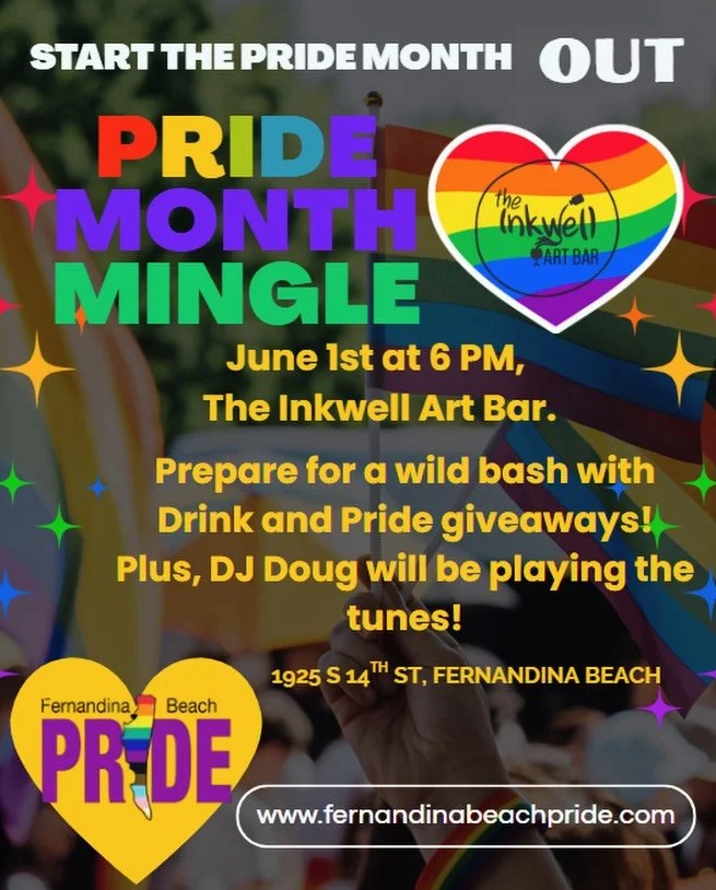 Join us on June 1st for our monthly FB Pride Mingle!
#fernandinabeachevents #inkwellartbar #pride #inkwellamelia